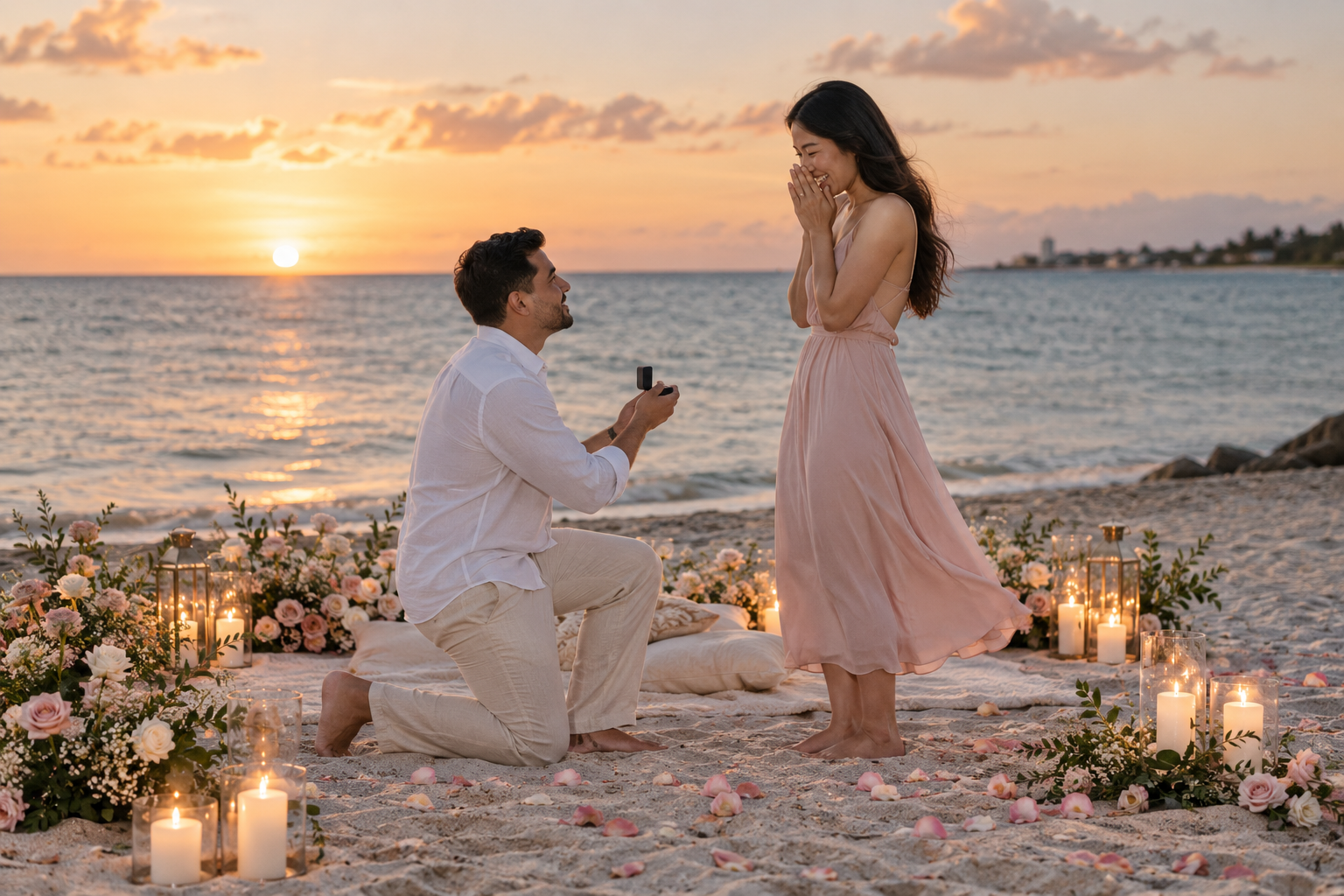 A joyful marriage proposal beside the ocean at sunset