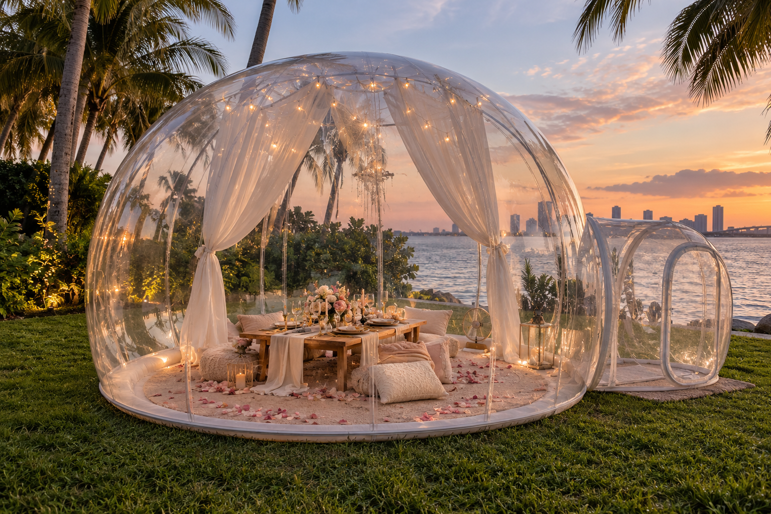 A clear bubble tent with a romantic picnic table and soft lighting