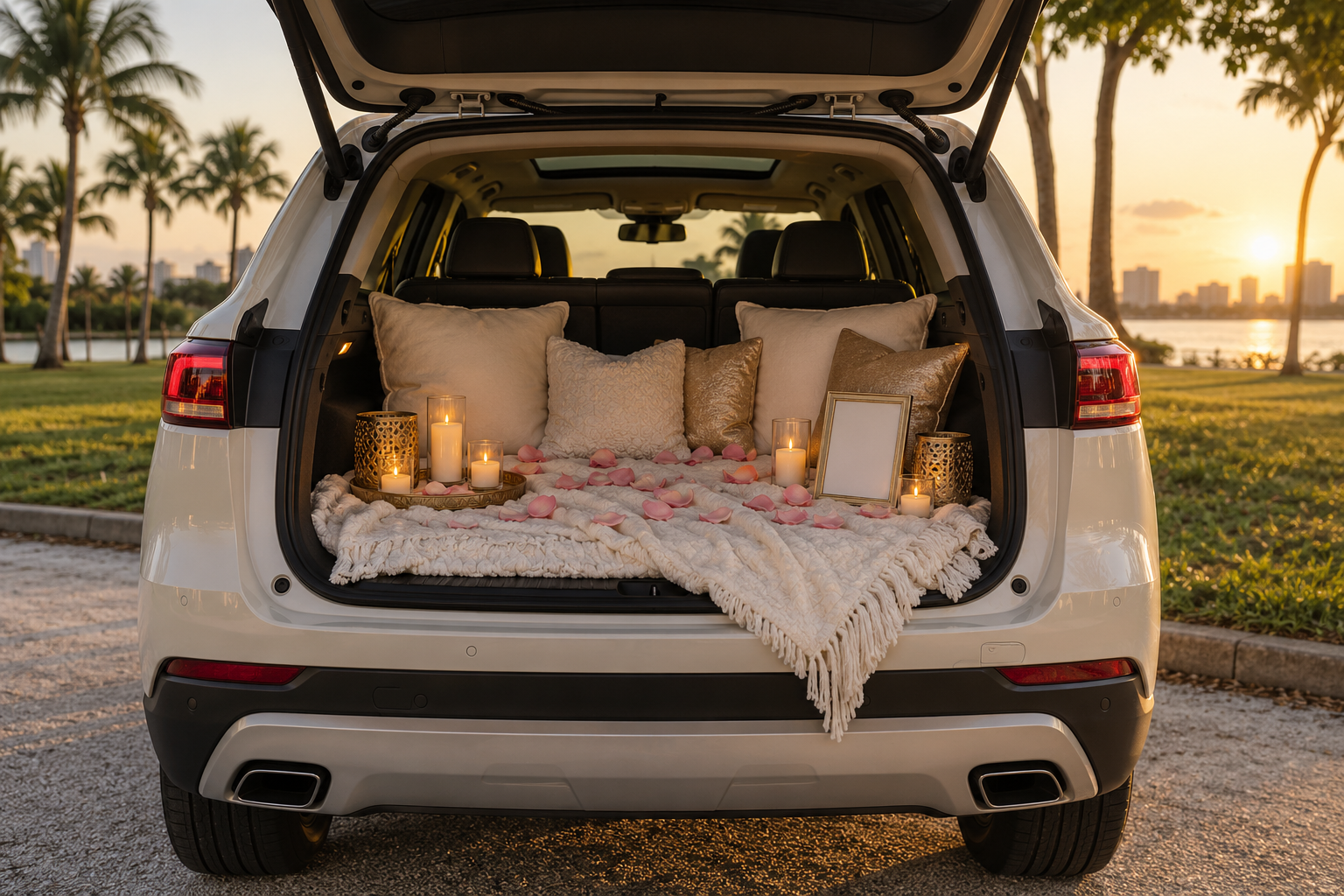 An ivory car trunk styled with blankets, petals and candles