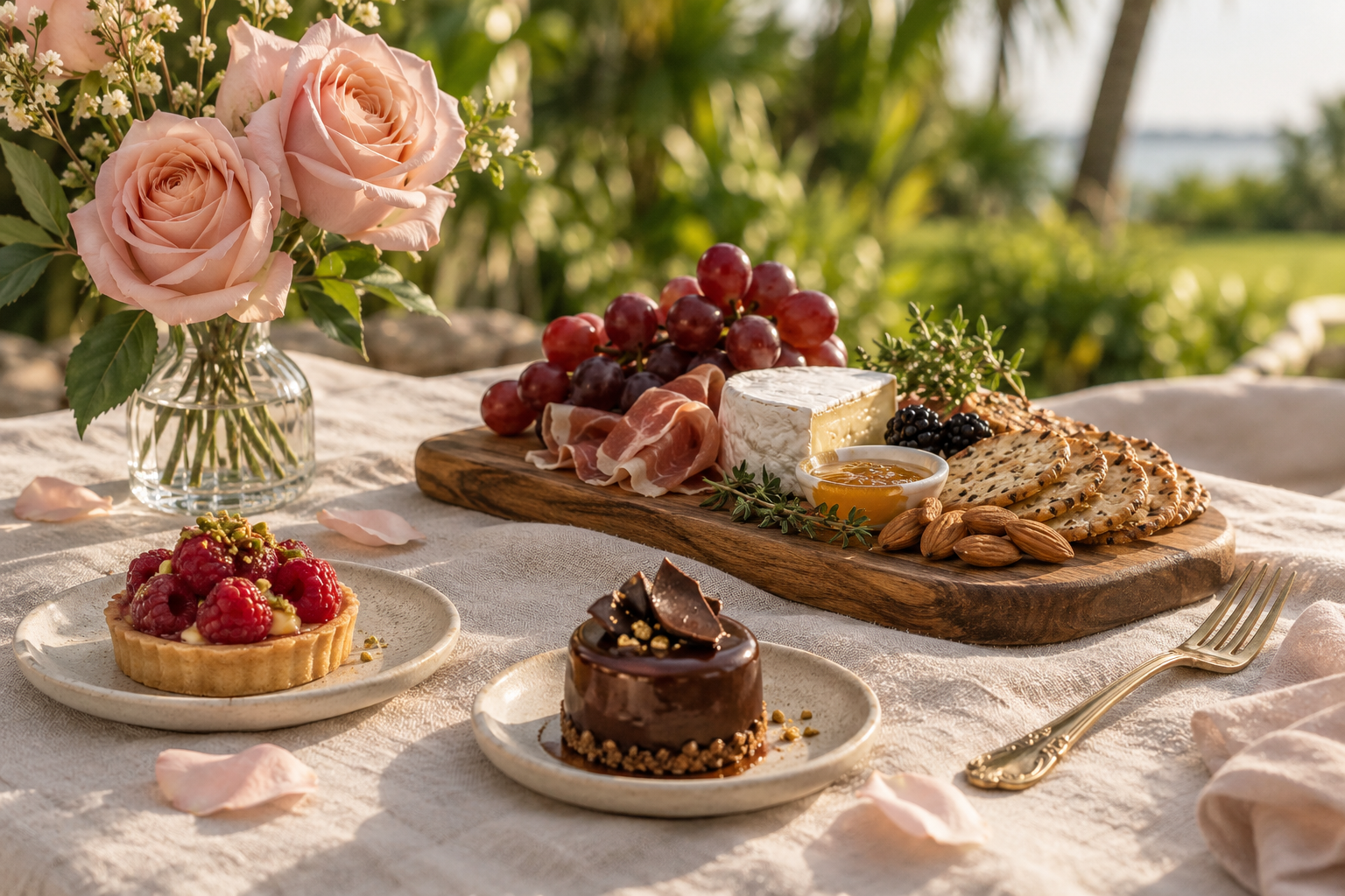 Charcuterie, petite desserts and blush roses on ivory linen