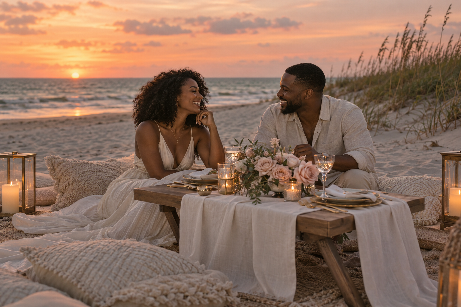 A couple sharing a romantic sunset dinner on the beach