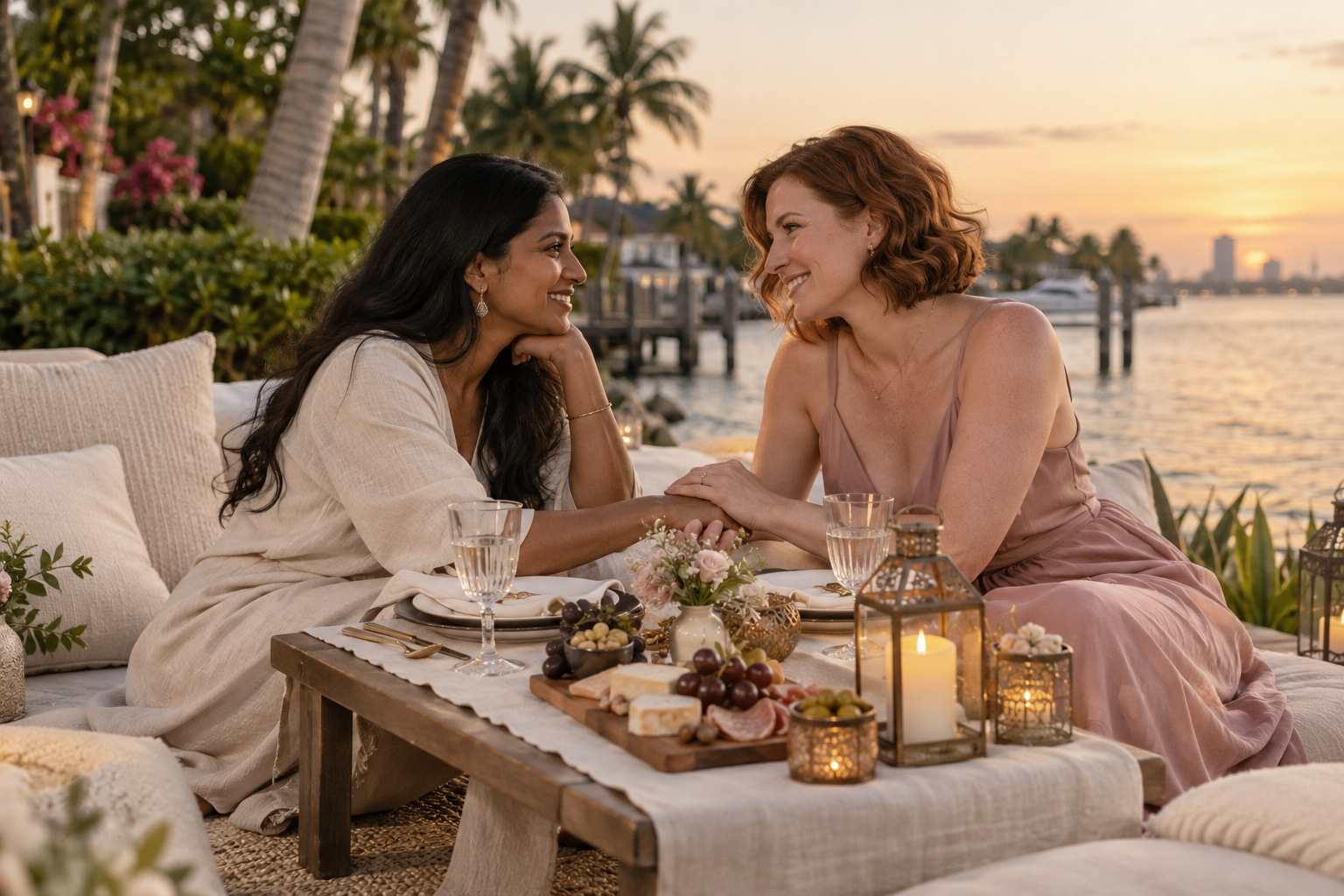 Two women enjoying a romantic waterfront picnic